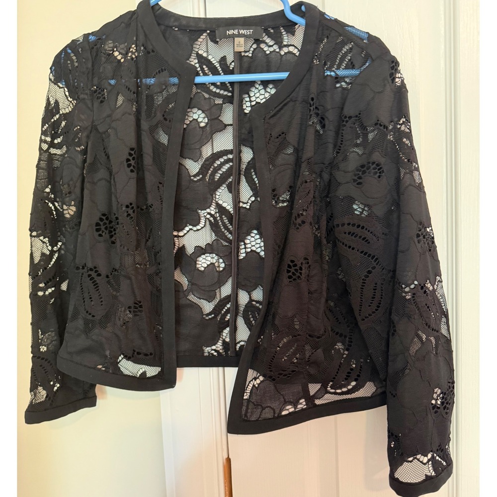 Nine West Womens Black Floral Lace Cropped Open Front Bolero Jacket Size 6